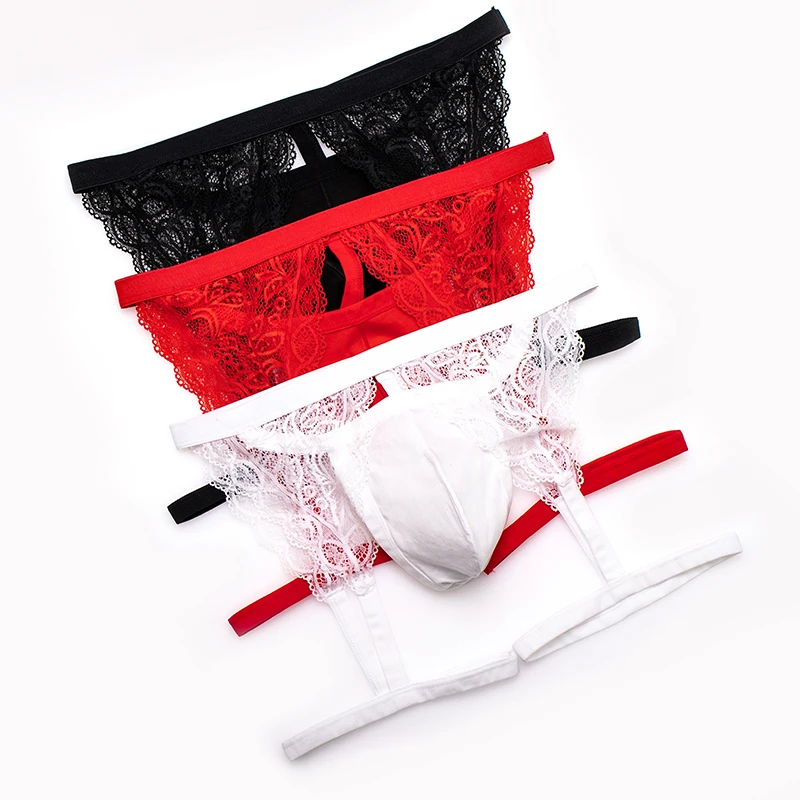 Lingerie pour hommes, String Jockstrap, sous-vêtements Sexy en dentelle, culotte Gay, Bikini t-back