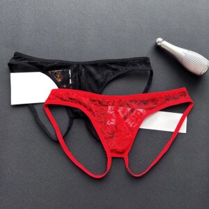 Strings transparents en dentelle pour hommes, culottes, sous-vêtements sexy, entrejambe ouvert, lingerie, shorts, taille basse