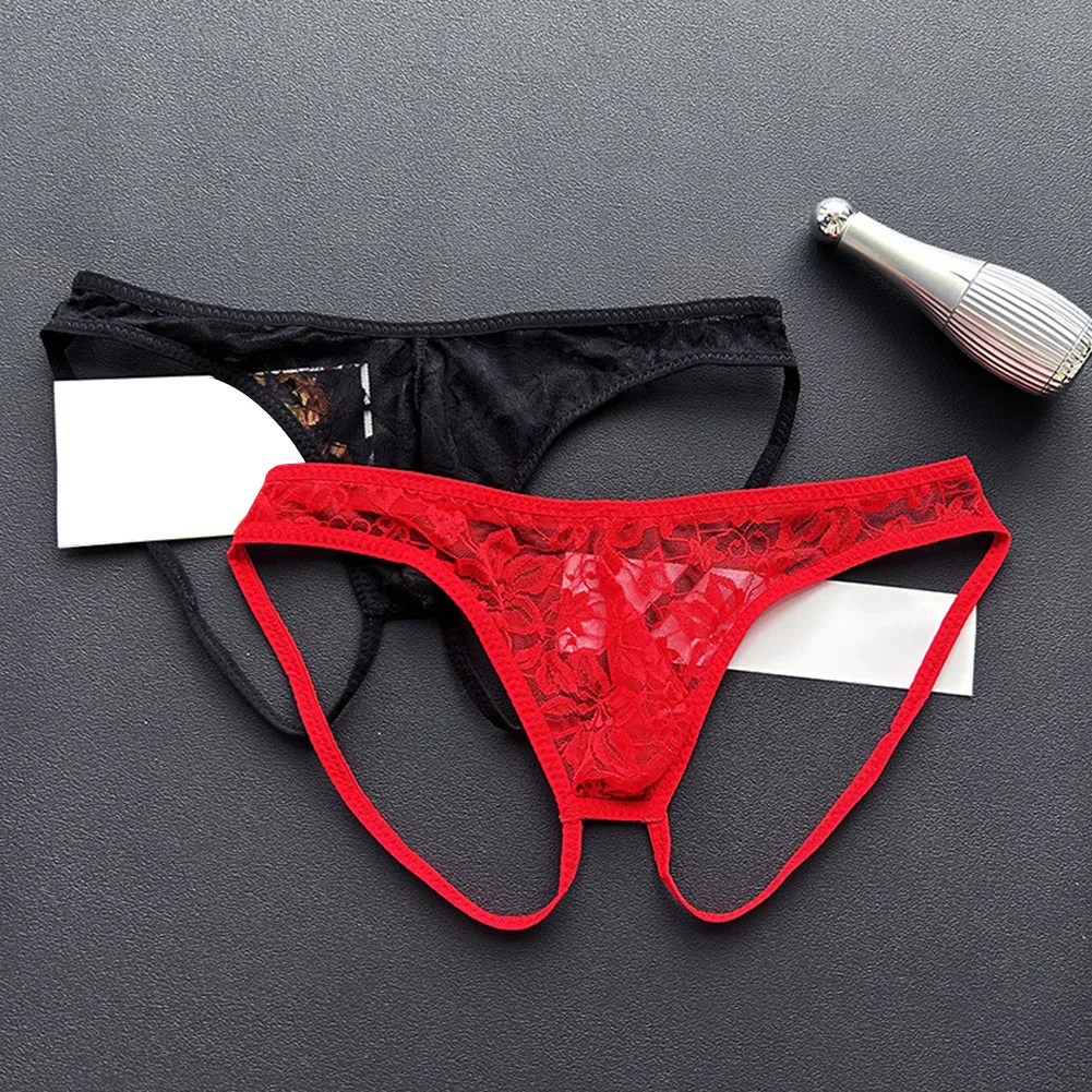 Strings transparents en dentelle pour hommes, culottes, sous-vêtements sexy, entrejambe ouvert, lingerie, shorts, taille basse