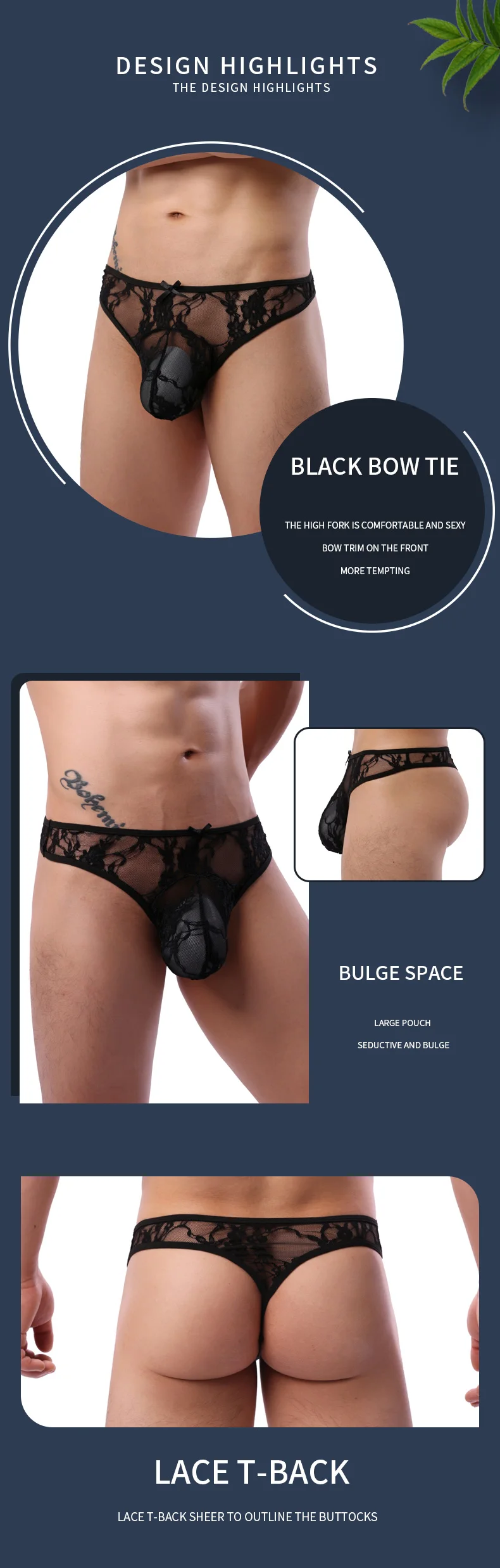 CLEVER-MENMODE Hommes Dentelle Sous-Vêtements Bikini String Culotte Sexy Tanga Slip G String Pénis Poudres Noir Arc aught Lingerie T-back
