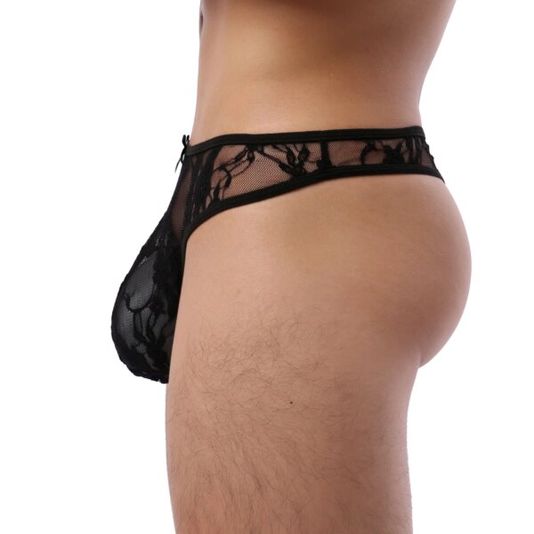 CLEVER-MENMODE Hommes Dentelle Sous-Vêtements Bikini String Culotte Sexy Tanga Slip G String Pénis Poudres Noir Arc aught Lingerie T-back – Image 6