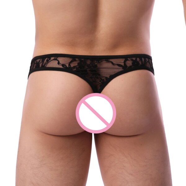 CLEVER-MENMODE Hommes Dentelle Sous-Vêtements Bikini String Culotte Sexy Tanga Slip G String Pénis Poudres Noir Arc aught Lingerie T-back – Image 4