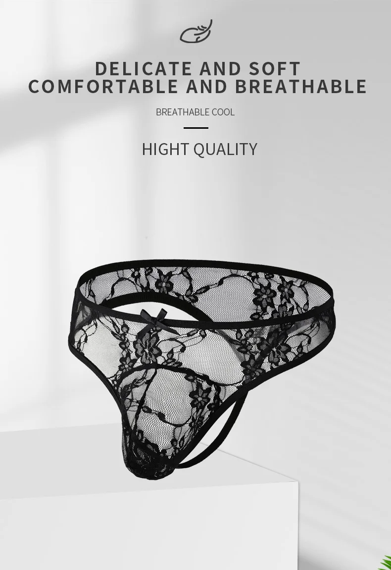 CLEVER-MENMODE Hommes Dentelle Sous-Vêtements Bikini String Culotte Sexy Tanga Slip G String Pénis Poudres Noir Arc aught Lingerie T-back