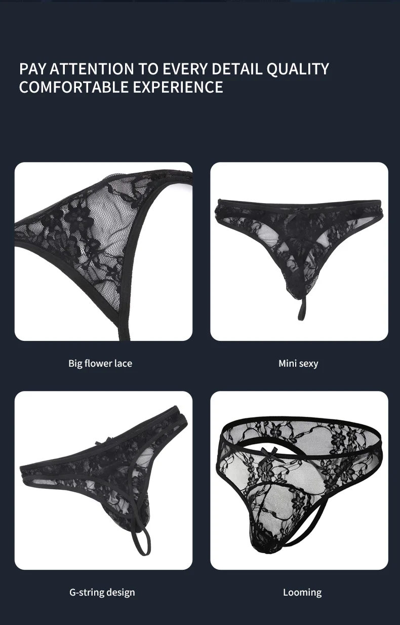 CLEVER-MENMODE Hommes Dentelle Sous-Vêtements Bikini String Culotte Sexy Tanga Slip G String Pénis Poudres Noir Arc aught Lingerie T-back