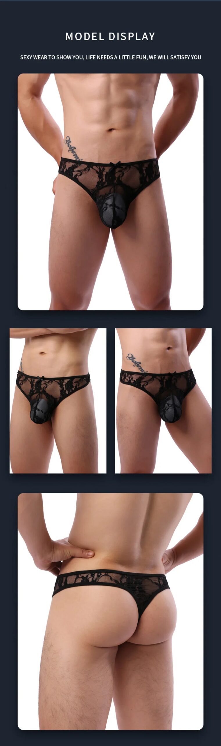 CLEVER-MENMODE Hommes Dentelle Sous-Vêtements Bikini String Culotte Sexy Tanga Slip G String Pénis Poudres Noir Arc aught Lingerie T-back