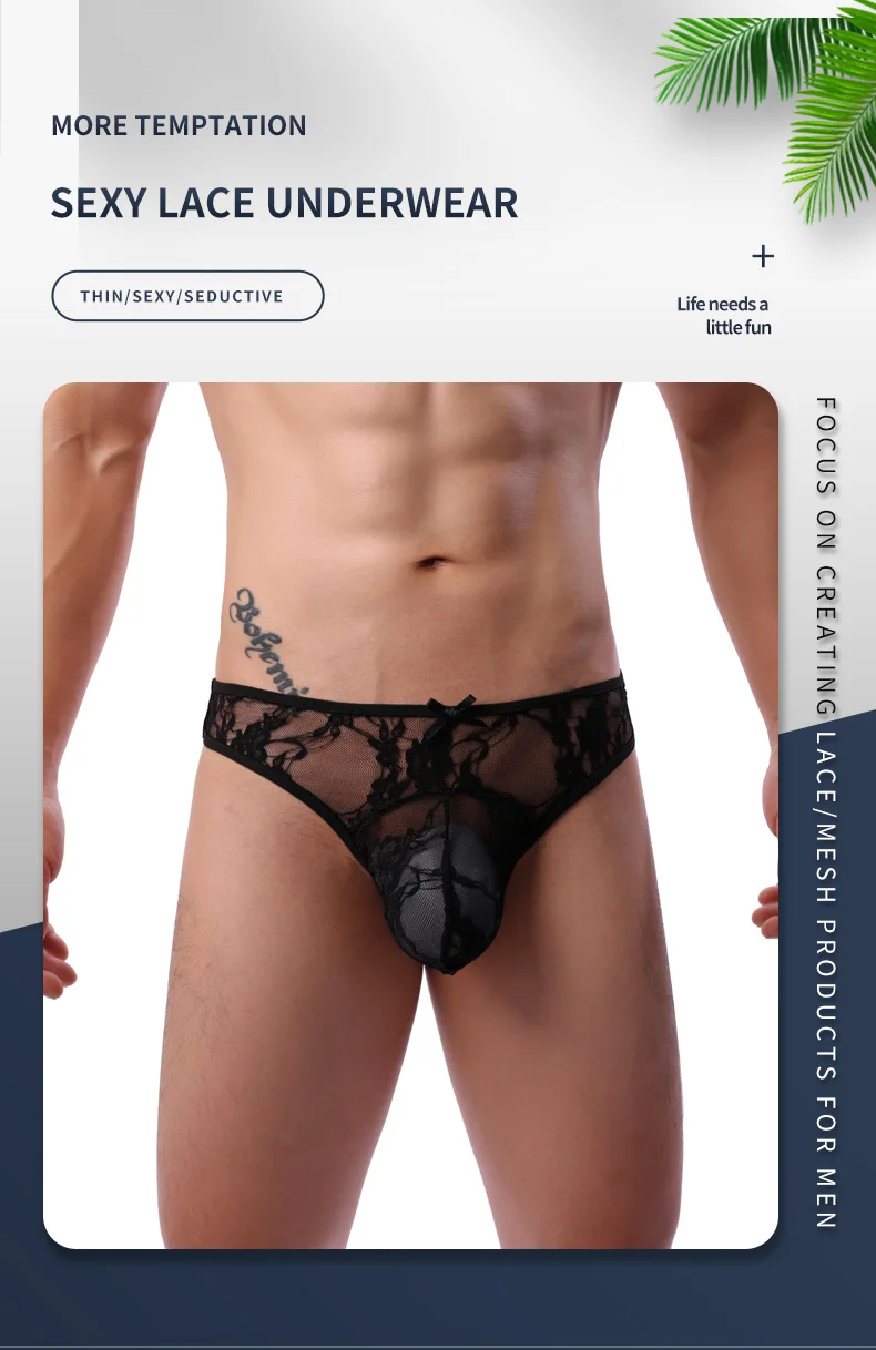 CLEVER-MENMODE Hommes Dentelle Sous-Vêtements Bikini String Culotte Sexy Tanga Slip G String Pénis Poudres Noir Arc aught Lingerie T-back