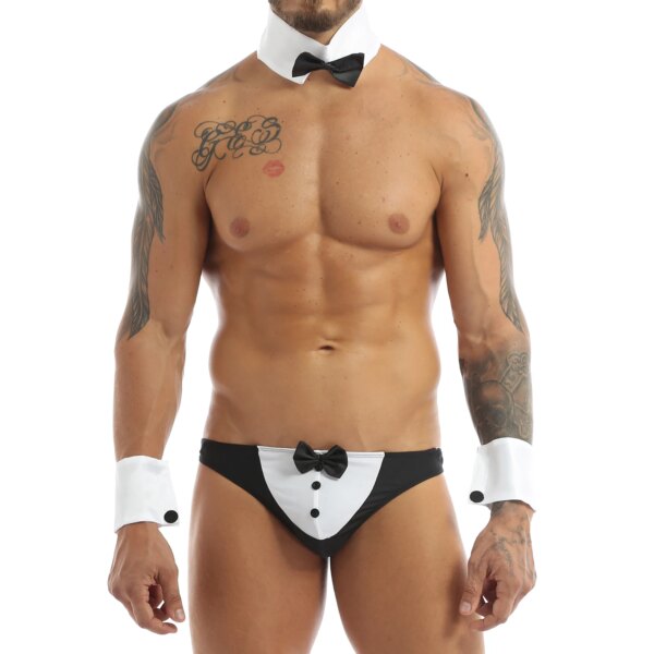 Ensemble de lingerie de majordome pour hommes, costume de jeu de femme de chambre française, triangle, nœud papillon, string, slips, sous-vêtements avec col, poignets, vêtements d'extérieur – Image 2