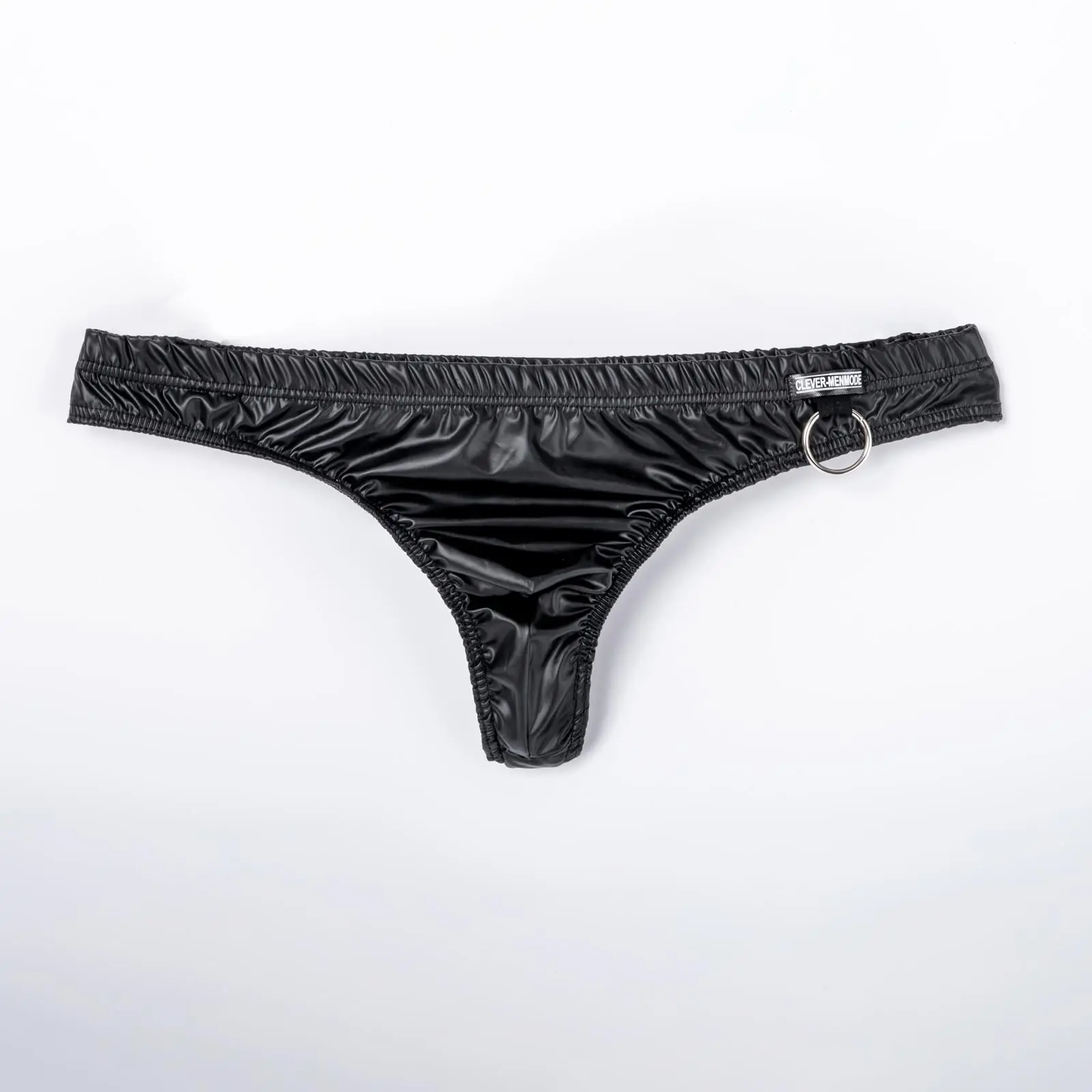 CLEVER-MENMODE Sexy Faux Cuir String Hommes Sous-Vêtements T-back Slip tanga hombre Lingerie Taille Basse Noir Anneau En Métal Décor