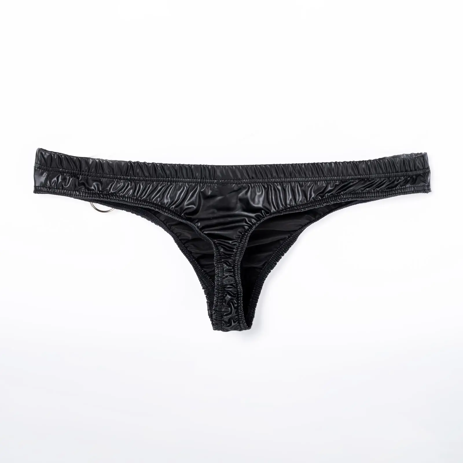 CLEVER-MENMODE Sexy Faux Cuir String Hommes Sous-Vêtements T-back Slip tanga hombre Lingerie Taille Basse Noir Anneau En Métal Décor