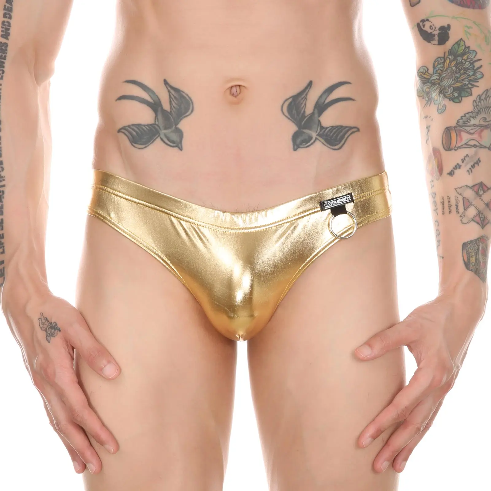 CLEVER-MENMODE Sexy Faux Cuir String Hommes Sous-Vêtements T-back Slip tanga hombre Lingerie Taille Basse Noir Anneau En Métal Décor