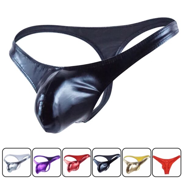 String Sexy à rayures pour hommes, sous-vêtements en coton, culotte en cuir verni, pochette, 2019