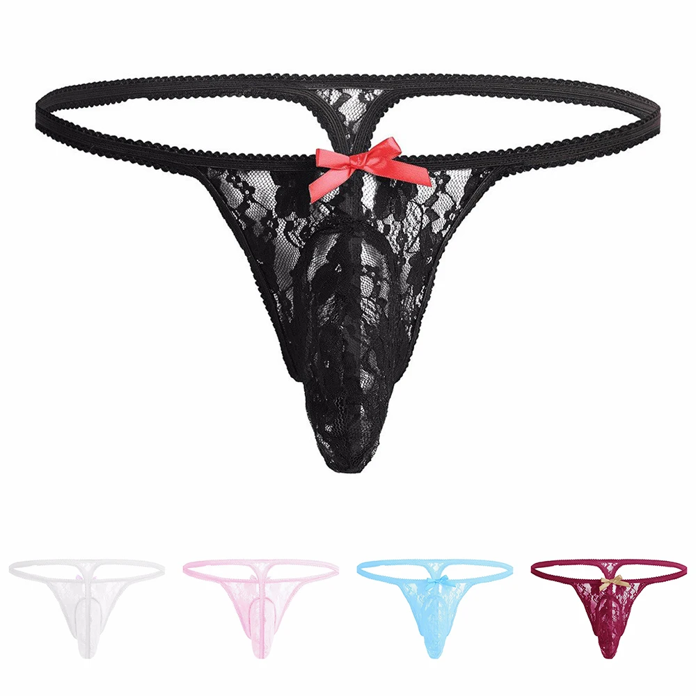 String élastique sexy pour hommes, culotte en maille, sous-vêtements respirants, nœud papillon, grosses poudres, short en dentelle G-String, lingerie sensuelle Sissy