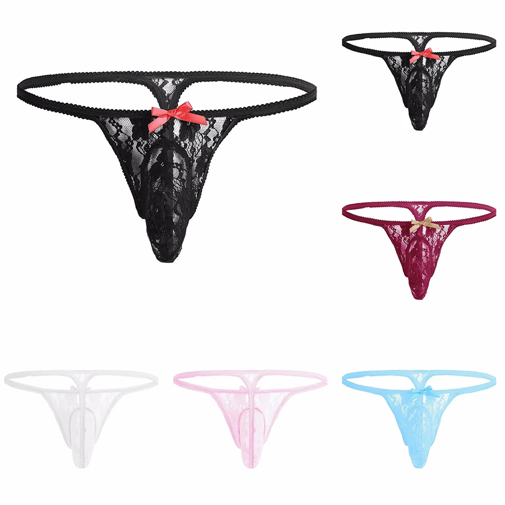 String élastique sexy pour hommes, culotte en maille, sous-vêtements respirants, nœud papillon, grosses poudres, short en dentelle G-String, lingerie sensuelle Sissy