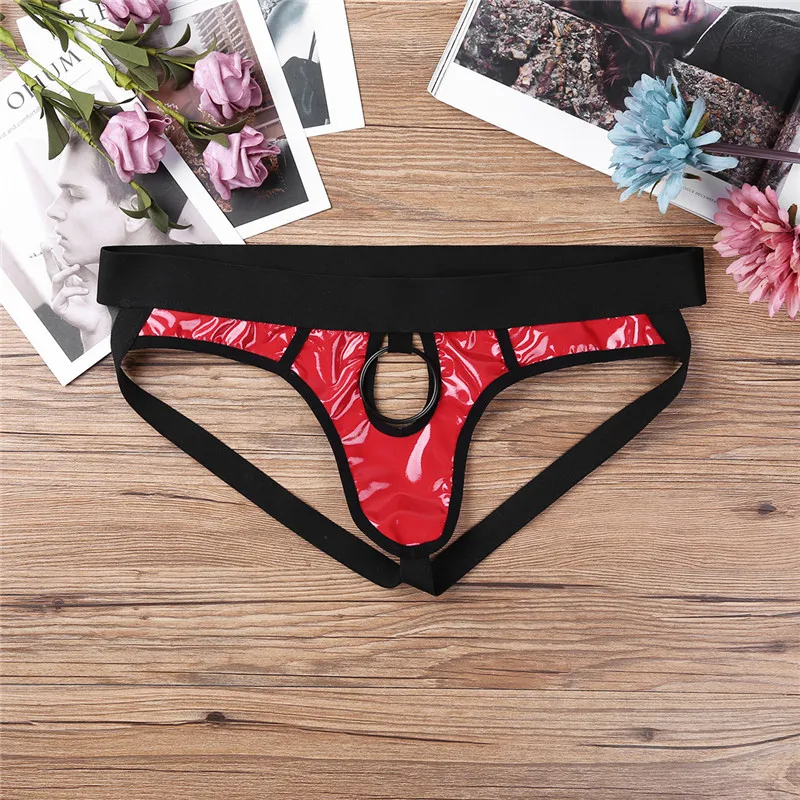 MSemis-Jockstrap Sexy Lingerie Culotte pour Homme, Faux Cuir, Fesses Ouvertes, String Zones Me, Sous-Vêtements Gay Homme avec Anneaux O, Trou pour Pénis
