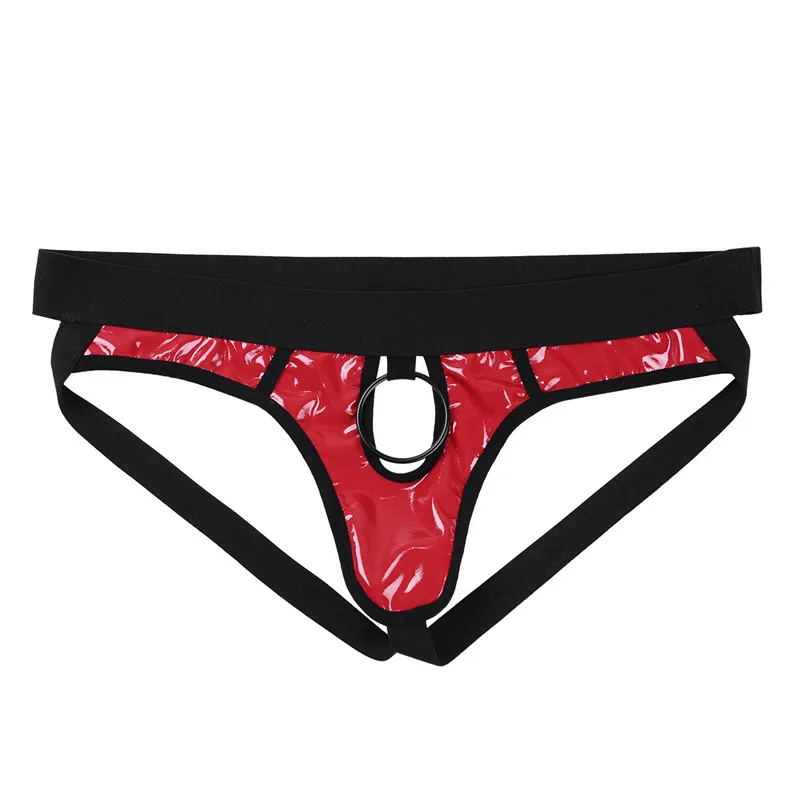 MSemis-Jockstrap Sexy Lingerie Culotte pour Homme, Faux Cuir, Fesses Ouvertes, String Zones Me, Sous-Vêtements Gay Homme avec Anneaux O, Trou pour Pénis