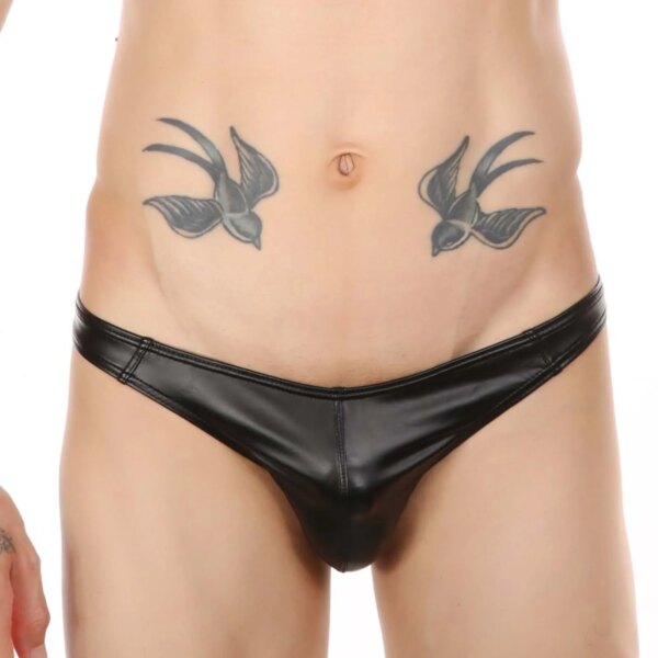 String en simili cuir pour hommes, sous-vêtements Sexy, Look mouillé, taille basse, t-back, poche bombée, Lingerie, caleçon, CLEVER-MENMODE – Image 4