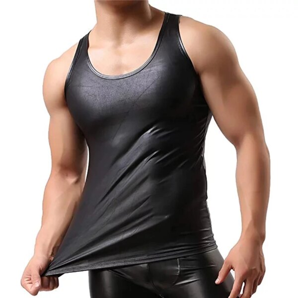 Chemises en cuir PU pour hommes, gaine saillante, percussions en latex souple, t-shirts sexy en cuir verni, Y-fibr7. 0