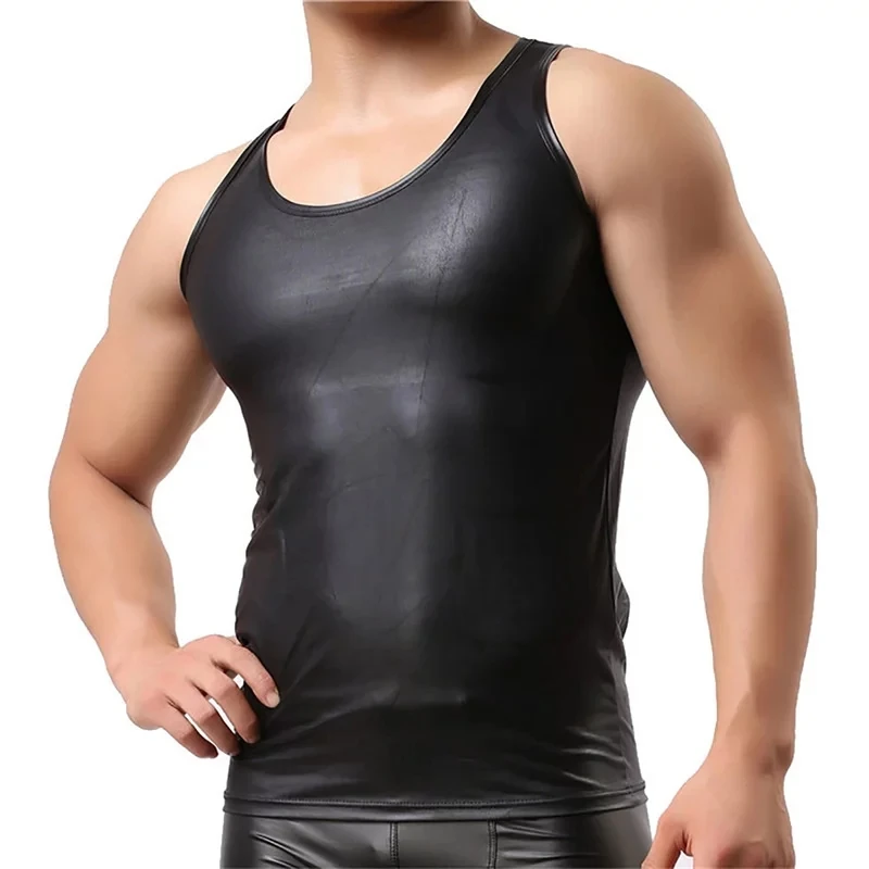 Chemises en cuir PU pour hommes, gaine saillante, percussions en latex souple, t-shirts sexy en cuir verni, Y-fibr7. 0