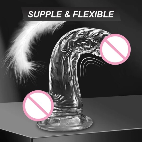 Gode en MSI douce transparente pour femmes et hommes, fausse bite réaliste, ventouse de pénis, plug anal, jouets sexuels vaginaux et anaux, 4 TANTransparent – Image 3