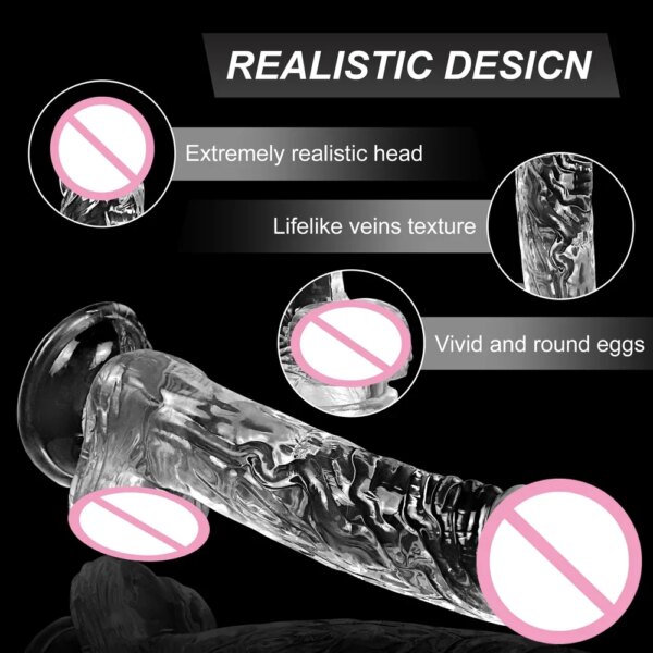 Gode en MSI douce transparente pour femmes et hommes, fausse bite réaliste, ventouse de pénis, plug anal, jouets sexuels vaginaux et anaux, 4 TANTransparent – Image 4