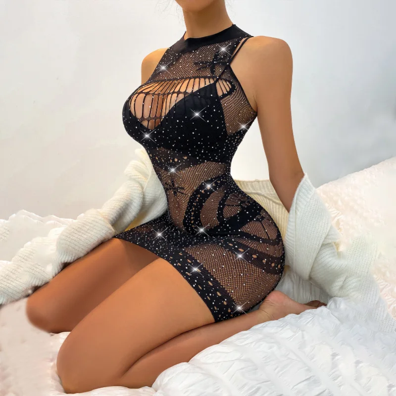 Bas résille à manches longues en biscuits pour femmes, lingerie transparente, sexy, une pièce