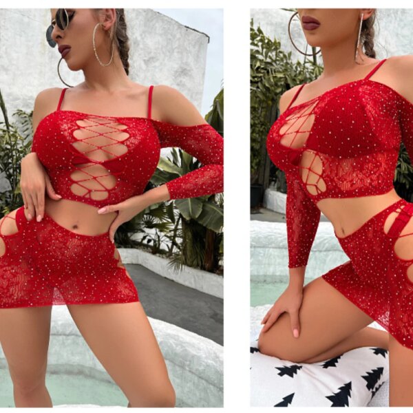 Bas résille à manches longues en biscuits pour femmes, lingerie transparente, sexy, une pièce – Image 3