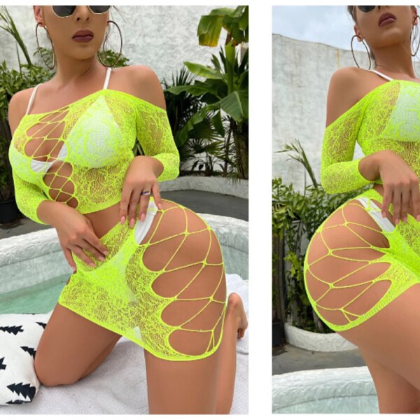 Bas résille à manches longues en biscuits pour femmes, lingerie transparente, sexy, une pièce – Image 2