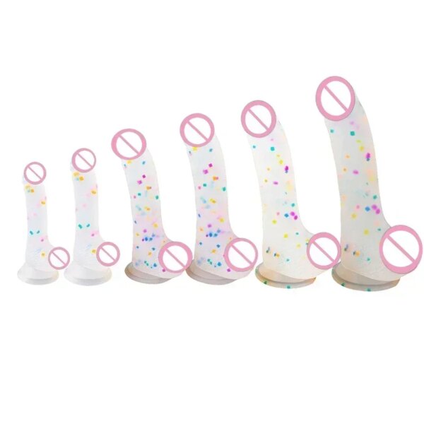 Gode à confettis en silicone transparent, gode réaliste avec ventouse de bain pour jeu mains libres, pénis réaliste pour femmes et couples – Image 6