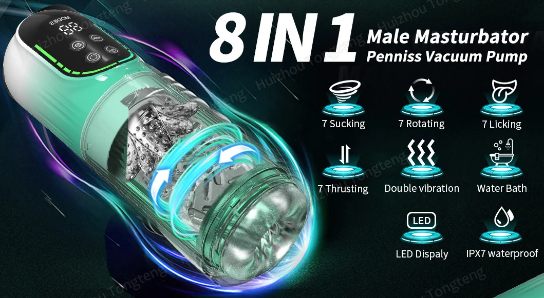 Tasse automatique de masturbateur masculin de LED, pipe de chatte de poche, jouets sexuels Stroker pour hommes, 7 modes de poussée de léchage rotatifs de succion, IPX7