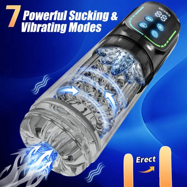 Tasse automatique de masturbateur masculin de LED, pipe de chatte de poche, jouets sexuels Stroker pour hommes, 7 modes de poussée de léchage rotatifs de succion, IPX7 – Image 3