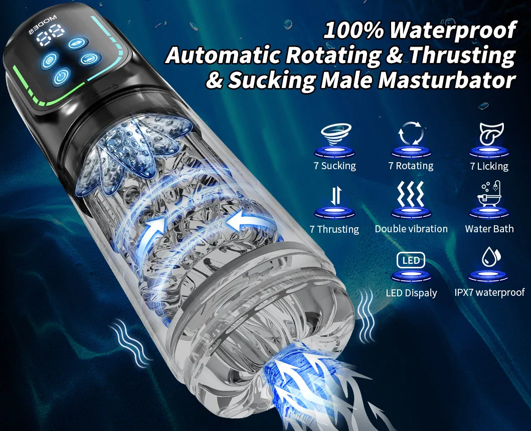 Tasse automatique de masturbateur masculin de LED, pipe de chatte de poche, jouets sexuels Stroker pour hommes, 7 modes de poussée de léchage rotatifs de succion, IPX7