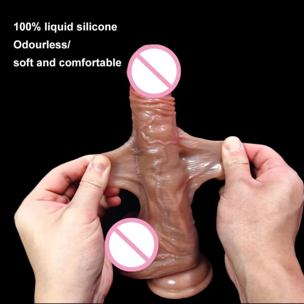 Sangle sur godes réalistes pour femmes lesbiennes peau réaliste coulissant prépuce testicules gode pour Anal grosse bite jouets sexuels pénis – Image 2
