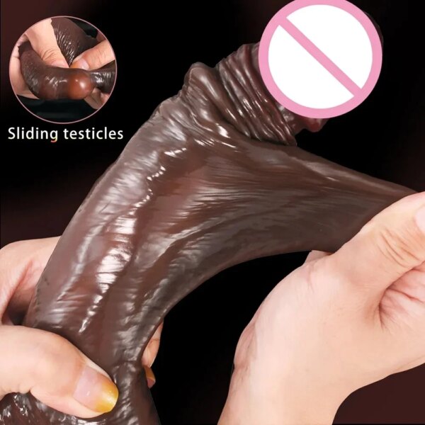 Sangle sur godes réalistes pour femmes lesbiennes peau réaliste coulissant prépuce testicules gode pour Anal grosse bite jouets sexuels pénis – Image 6