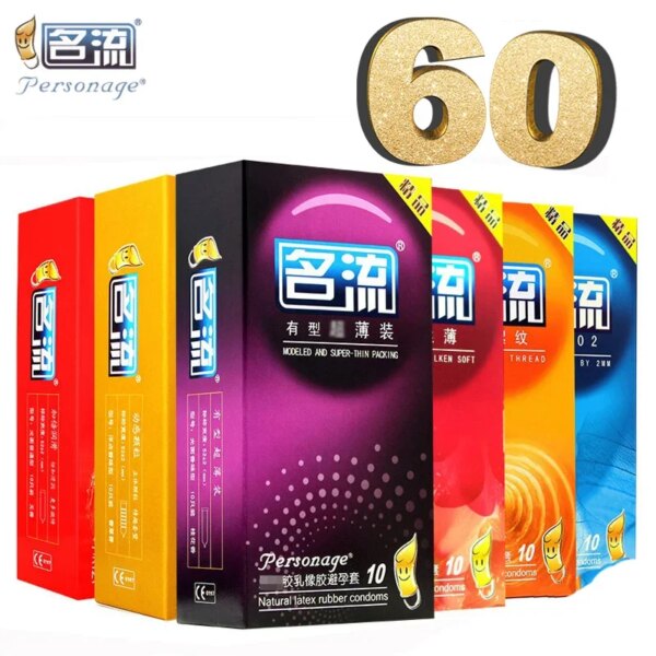 PERSONAGE 60 pièces préservatifs pour hommes 6 sortes fil de particules Ultra mince préservatif à pointes en Latex naturel produit sexuel adulte petit préservatif