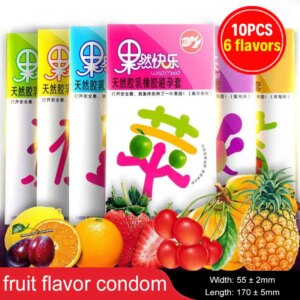 10 pièces préservatifs saveur de Fruit jouet sexuel pour hommes goût de fraise myrtille manches de pénis préservatif Ultra mince produit sexuel réutilisable pour adulte