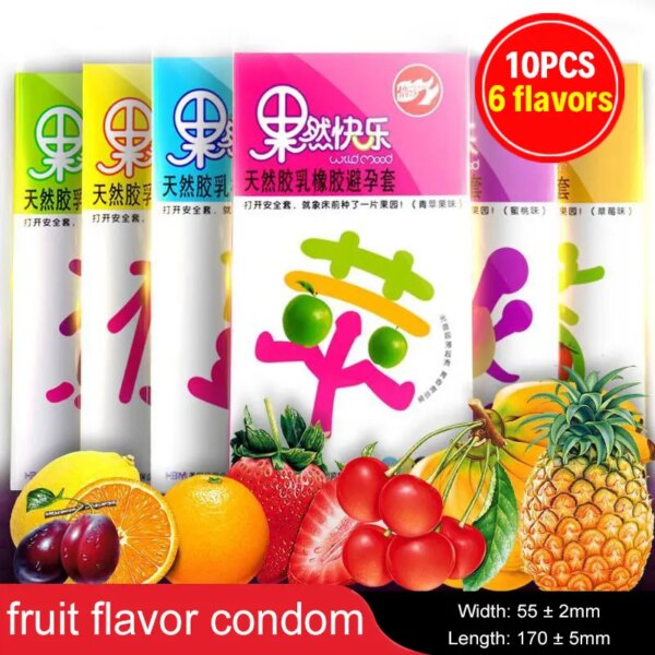 10 pièces préservatifs saveur de Fruit jouet sexuel pour hommes goût de fraise myrtille manches de pénis préservatif Ultra mince produit sexuel réutilisable pour adulte