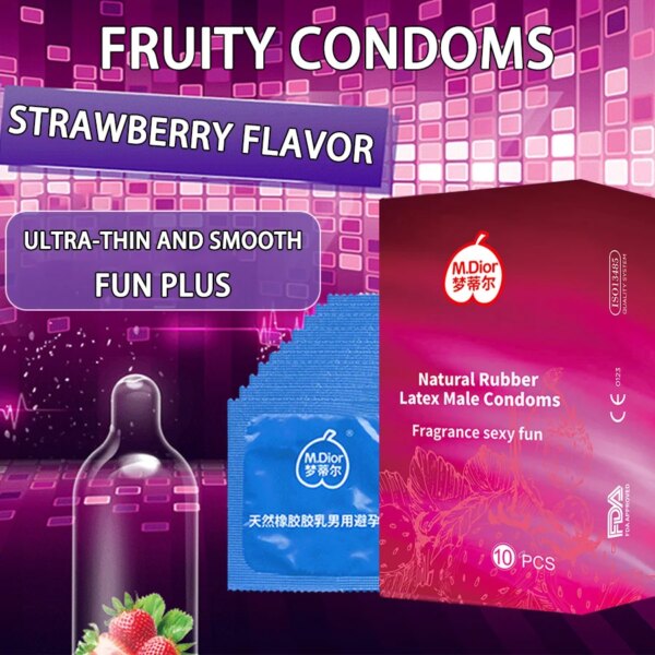 Préservatifs Ultra fins saveur fraise, 10 pièces, Condone intime, manchon de pénis en Latex naturel Super lubrifié pour adultes de 18 ans et plus, jouets sexuels – Image 3