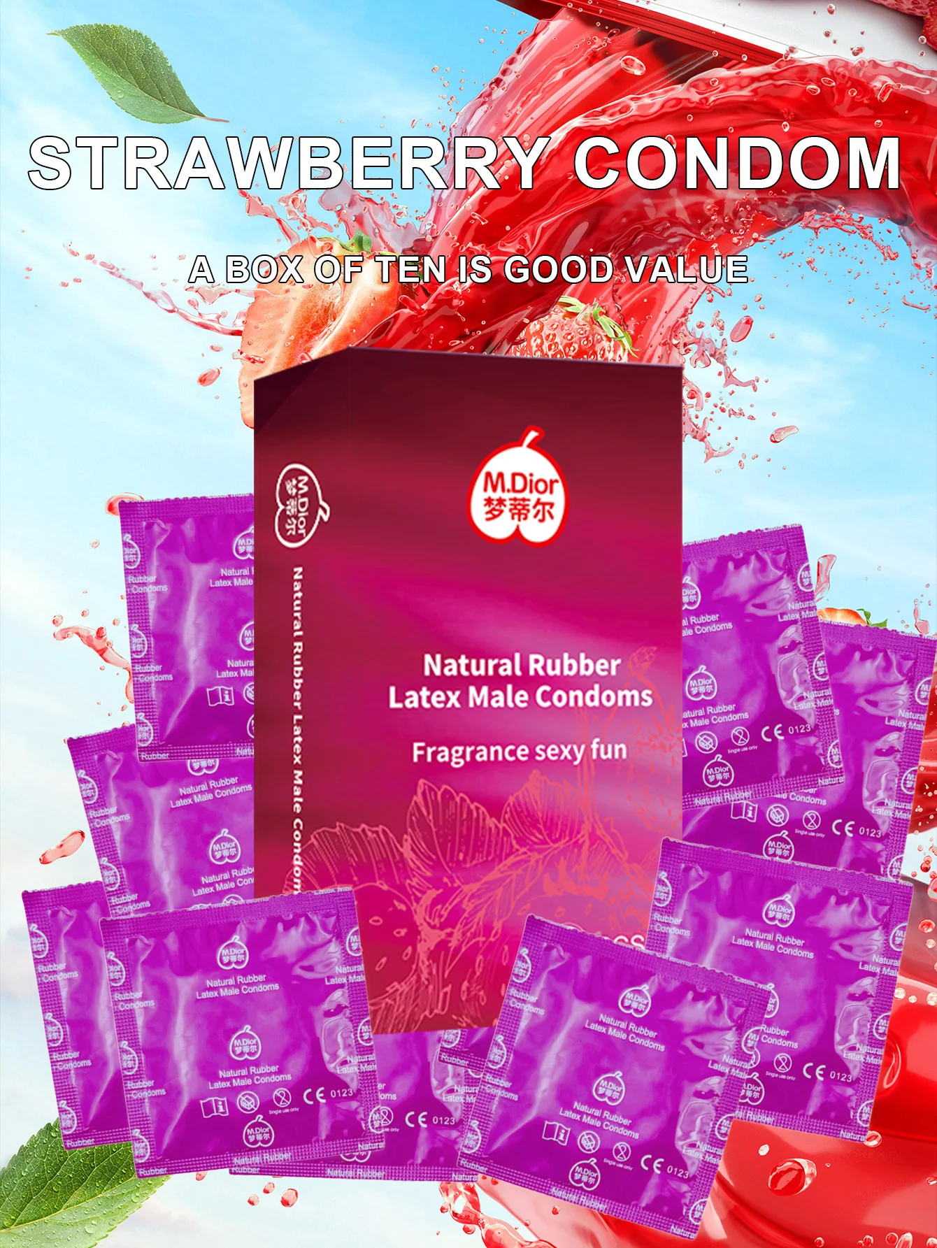 Préservatifs Ultra fins saveur fraise, 10 pièces, Condone intime, manchon de pénis en Latex naturel Super lubrifié pour adultes de 18 ans et plus, jouets sexuels