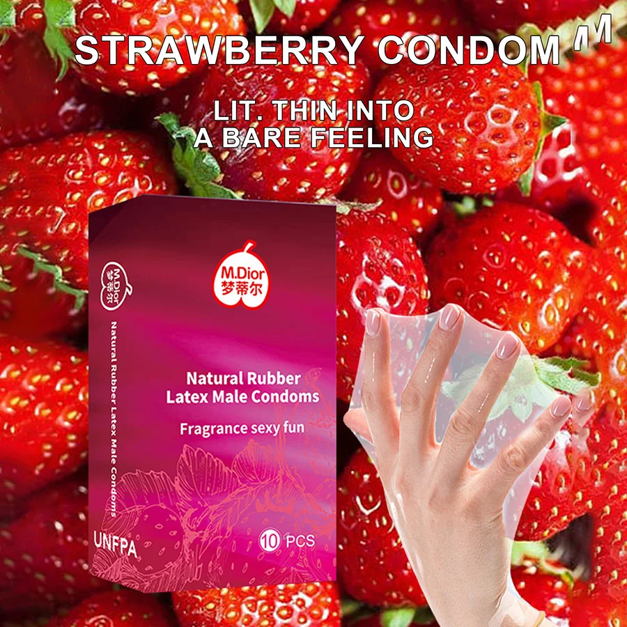 Préservatifs Ultra fins saveur fraise, 10 pièces, Condone intime, manchon de pénis en Latex naturel Super lubrifié pour adultes de 18 ans et plus, jouets sexuels