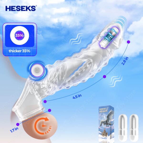 HESEKS Extensions de manchon de pénis préservatif mâle agrandissement retard vibrateurs anneau de coq vibrant pénis Extender couverture jouets sexuels pour hommes