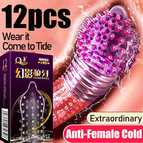 12 pièces grand préservatif à granulés dents de loup barbelé mâle Stimulation granulaire femmes Contraception pénis manches produits sexuels adulte