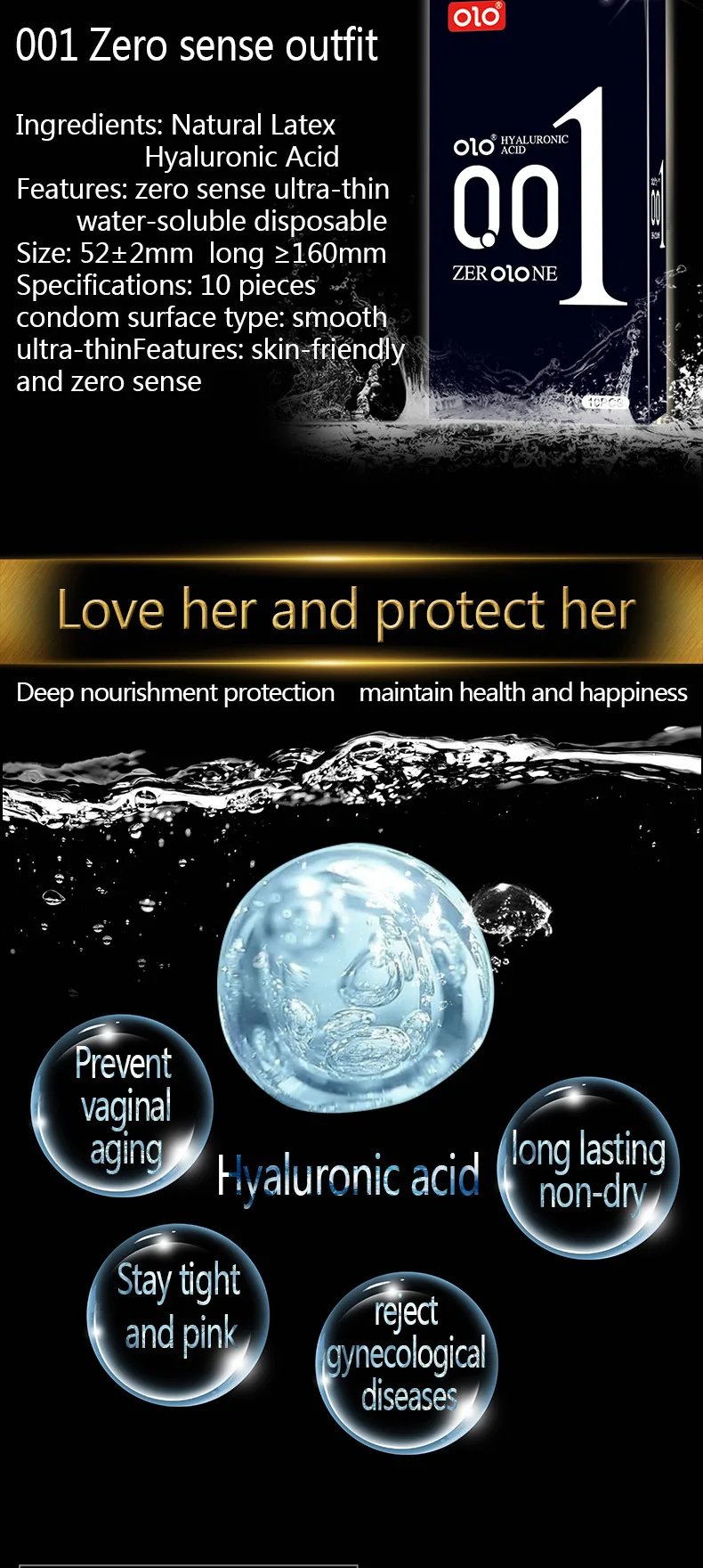OLO 10 pièces préservatif à l'acide hyaluronique 001 préservatif Ultra mince à grandes particules produits sexuels pour adultes huile complète jouets sexuels lisses Condones