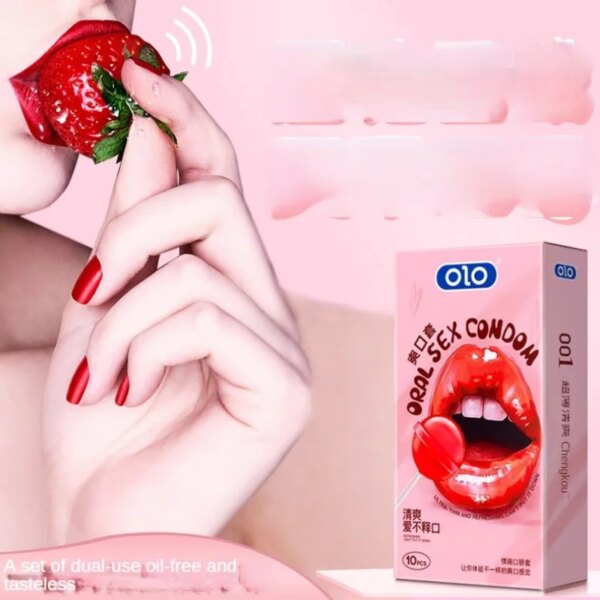OLO 10 pièces préservatifs sexuels buccaux avec goût de fraise sexe sûr manchon de pénis préservatif produits intimes langue sexe lécher bite jouets pour adulte – Image 4