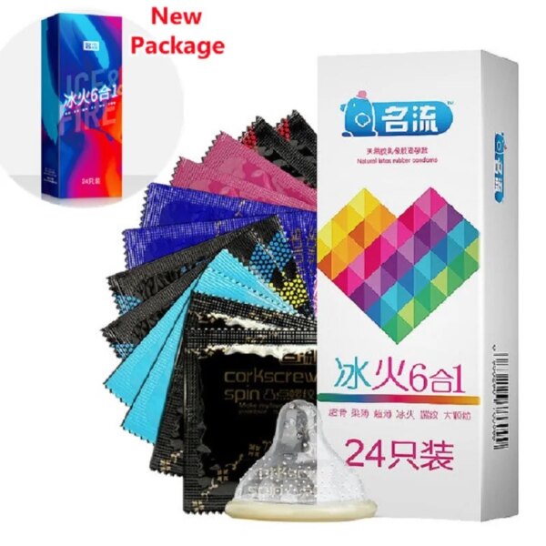 24/96 pièces préservatifs de feu de glace jouets sexuels pour hommes manchon de pénis adulte de haute qualité Six types préservatif Couple Contraception fournitures Sexy – Image 6